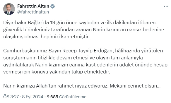 İletişim Başkanı Altun duyurdu! Cumhurbaşkanı Erdoğan'dan Narin talimatı