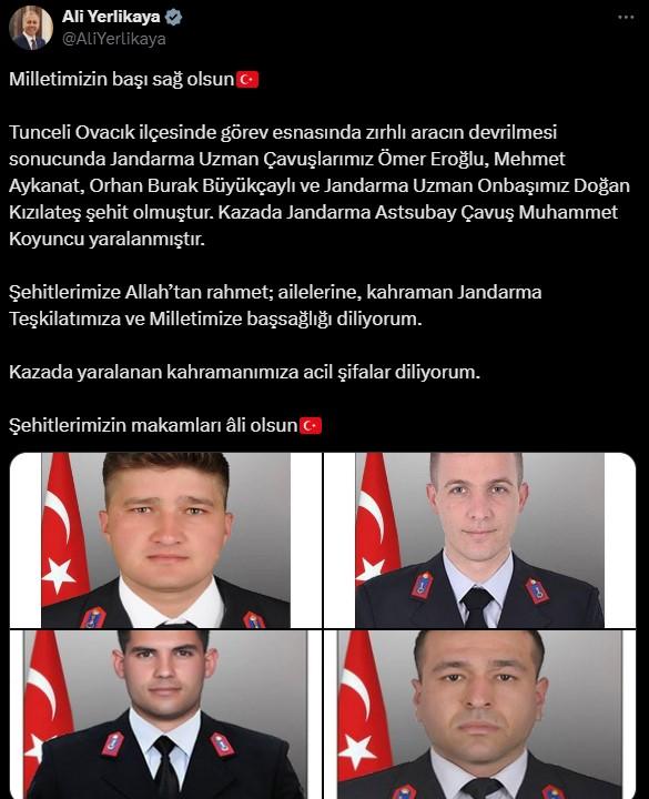 Tunceli'nin Ovacık ilçesinde askeri aracın kaza yapması sonucu 4 askerimiz şehit düştü